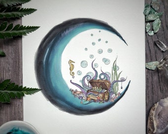Octopus Moon Painting / Fine Art Print / Octopus decor / Sea Witch / Witchy decor / octopus wall art / pagan art / witch art / underwater