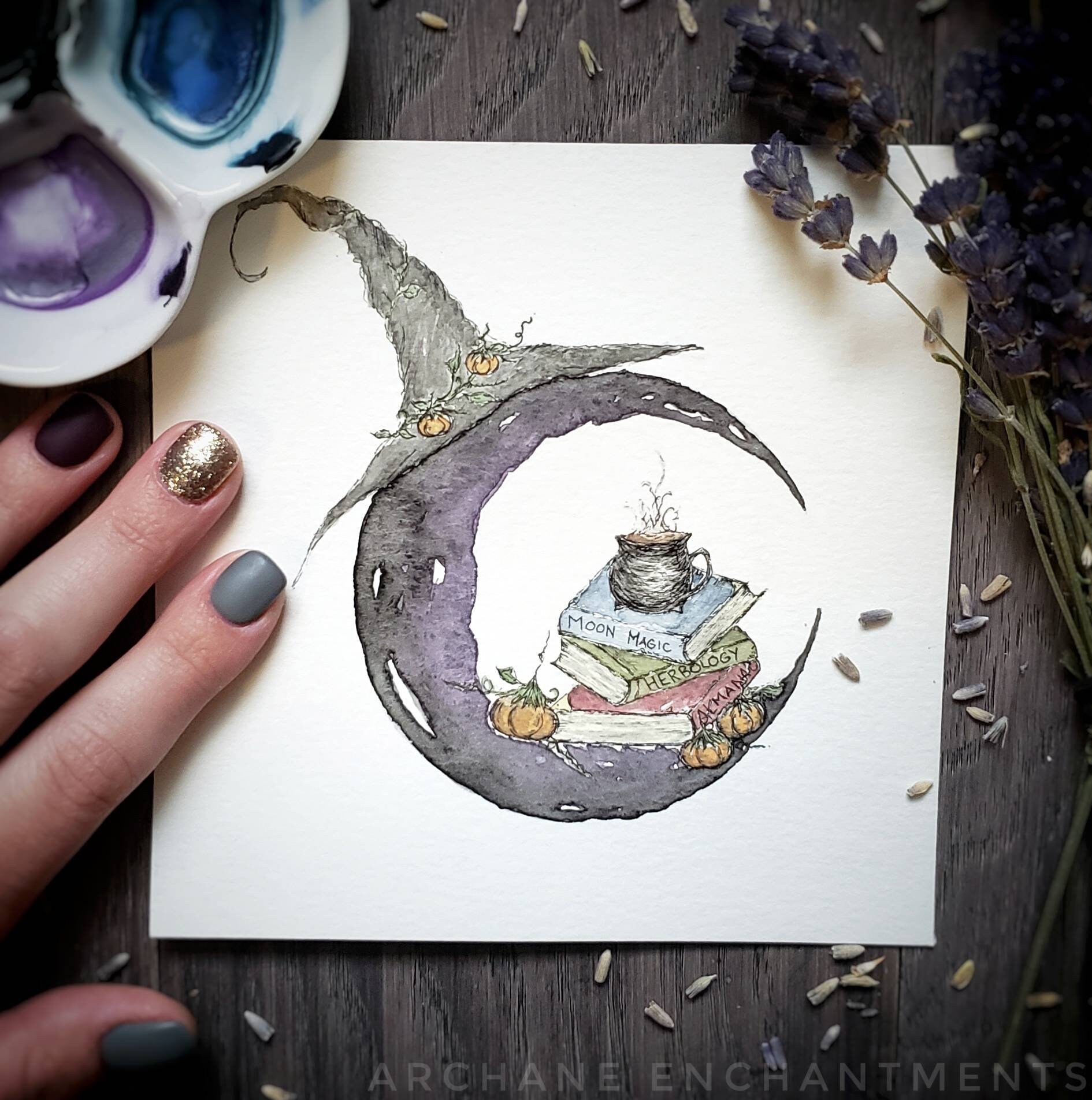 A cozy november spell, watercolor painting, watercolor moon, witch, s…