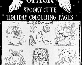 Printable Holiday Coloring Pages / Christmas Coloring / Spooky Coloring Book/ adult Coloring pages / spooky cute / Xmas / digital download