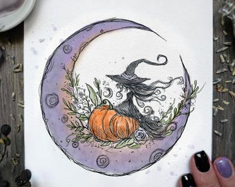 Witch Moon Art Print | Cottagecore Pumpkin Witchy Decor