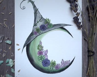 Succulent Moon Print, lunar, crystals, imbolc, ostara, spring, pagan, witch, art, artwork, decor, sabbat, cottagecore, magic, green, plant