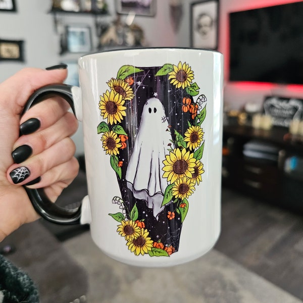 Sunflower Ghost Mug / Halloween Mug / Spooky Mug / Ghost Mug / Coffee Mugs / Halloween Kitchen / Spooky Kitchen / Coffee Cup / Fall Decor