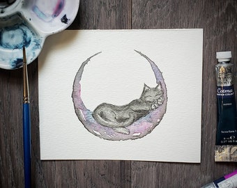 Sleeping Kitty / Art Print / Moon Art / Black Cat / Witch Decor / Witchy Decor / Witchy Gift / Witchy Painting / Witch Art / Moon Decor