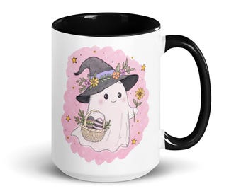 Ghost Easter Mug with Flowers and Eggs – Spring Ceramic Coffee Cup