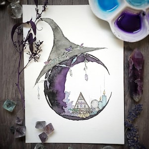 Crystal Witch / Moon Art / Witch Decor / Chakra / Art Print / Wall Decor / Wall art / watercolor painting / witchy / Pagan / witchy gift