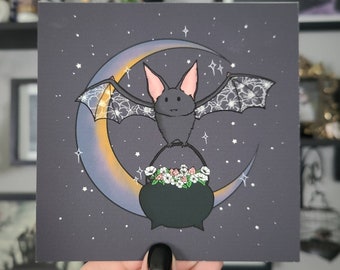 Moonflower Bat Print / Floral Art / spooky Art / Spooky decor / spooky cute / spooky home / witch decor / green witch / bat art / moon art