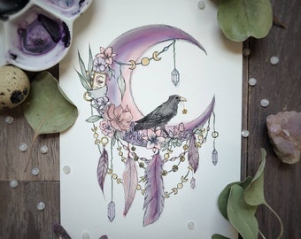 Witchy Moon Art Print: Watercolor Raven, Crystals, Floral Decor