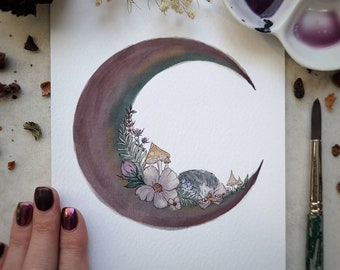 Hedgehog Moon / Art Print / Spring Witch / Floral / Pastel / Witch Decor / Green Witch / Cottagecore / Hedge Witch / Pagan / Witchy Painting