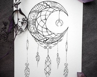 5x7 moon catcher mandala ink illustration, print, drawing, black, dreamcatcher, crystals, reiki, chakra, line work, witch, pagan, tattoo