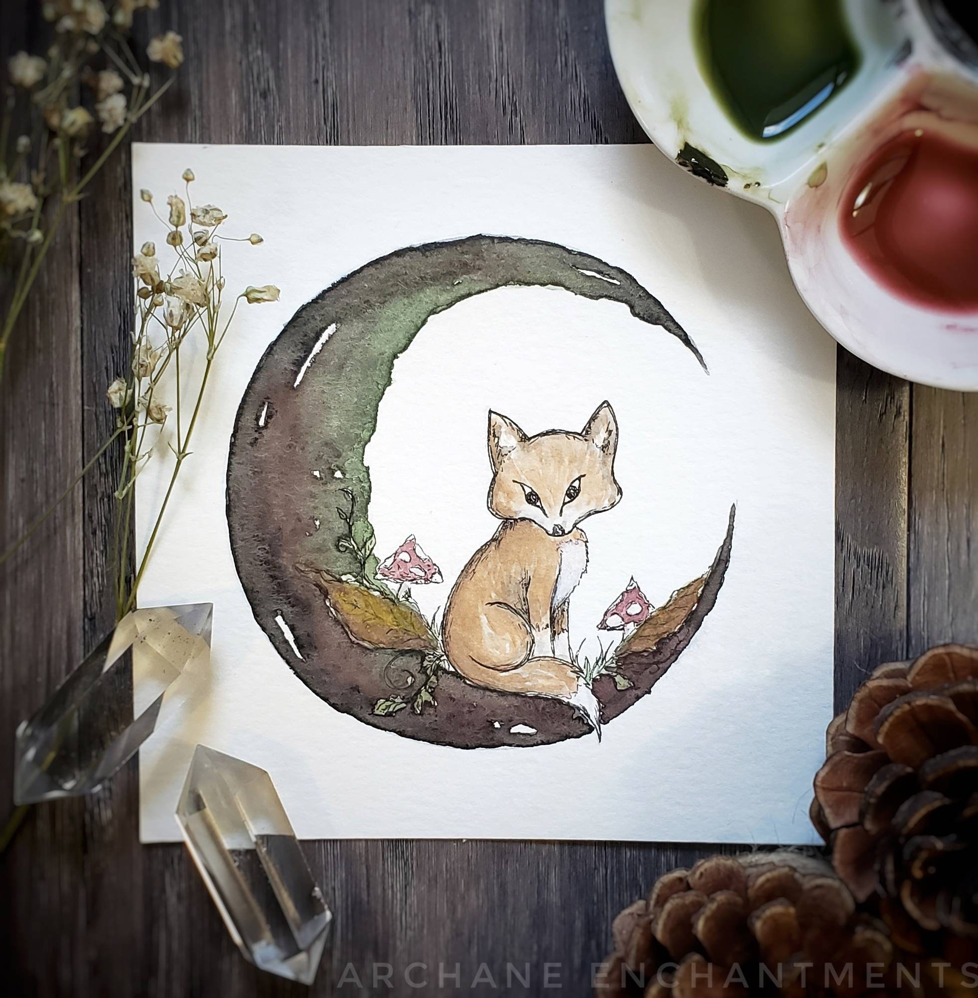 Fall Fox / Moon Art / 4x4 Print / Witch Decor / Fox Art / Cute Art