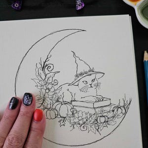 Witchy Kitty Art Print / Linework / Black and White Illustration drawing