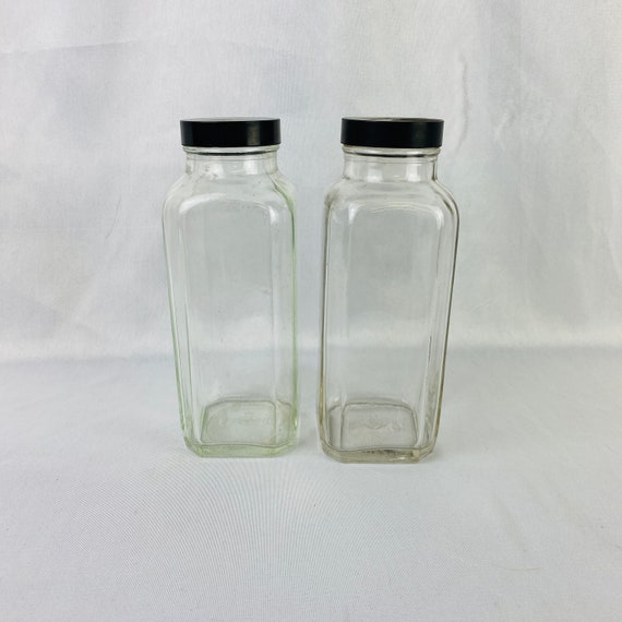 1930s Pair of Clear Glass Condiment Jars Canisters With Covers 