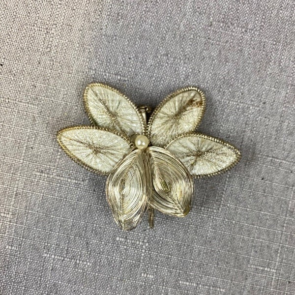 Victorian Spun Silver Brooch with Pearl, Floral, Butterfly, Moth