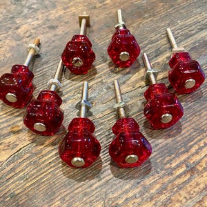 Vintage Ruby Glass Drawer Pulls, Lot of 8 Pulls, Hexagonal, Cabinet Knobs, Furniture pulls. 1" Diameter.