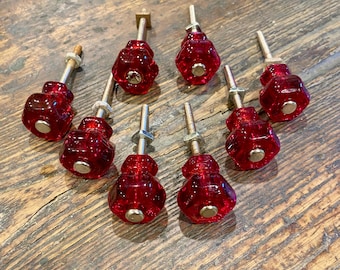 Vintage Ruby Glass Drawer Pulls, Lot of 8 Pulls, Hexagonal, Cabinet Knobs, Furniture pulls. 1" Diameter.