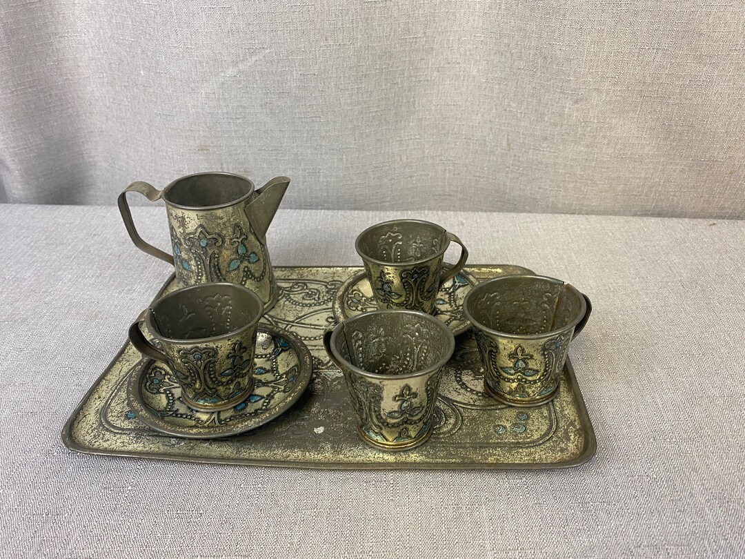 Vintage Tin Tea Set Made in USA Raised Relief Metal. 8 Piece Etsy
