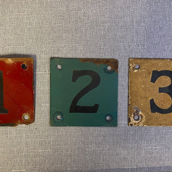 Set of Three Antique Painted Metal NumberTags, Numbers 1 (red), 2 (green) & 3 (yellow), Use for Key Rings, Labels, ID Tags, etc.