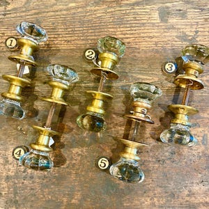 Glass Door Knobs with Rosettes, Antique Victorian, 8 facet, Brass, Sold Separately.