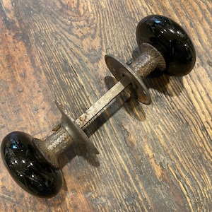 Eastlake Schwarz Porzellan Türknäufe mit Rosetten, antik viktorianisch, einzigartig.