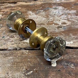 Glass Door Knobs with Rosettes, Antique Victorian, 8 facet, Brass