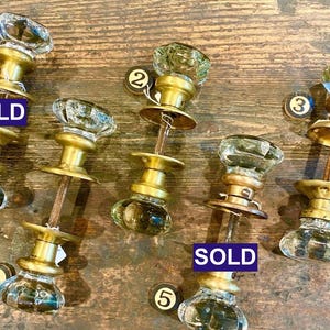 Glass Door Knobs with Rosettes, Antique Victorian, 8 facet, Brass, Sold Separately.