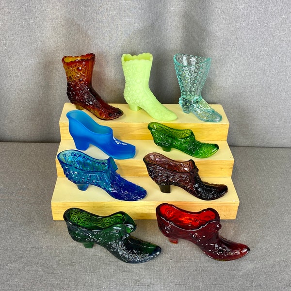 Vintage Miniature Pressed Glass Shoes. Westmoreland, Fenton.  Hobnail, Button & Daisy, Cabbage Roses, Cat in Shoe.  Sold Separately.