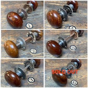 Antique Victorian Bennington Door Knobs with Rosettes, Brown Mineral Swirls