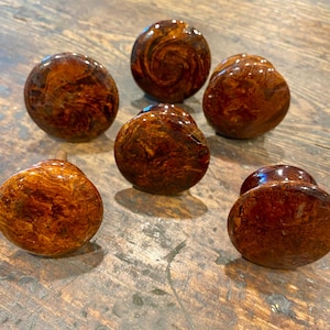 Antique Victorian Bennington Pulls for Furniture, Cabinets, Drawers.  Six Knobs.  Brown Mineral Swirls