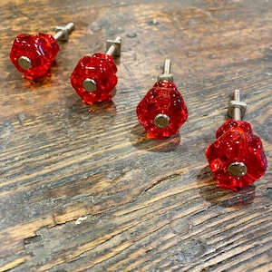 Vintage Cranberry Glass Drawer Pulls, Lot of 4 Pulls, Hexagonal, Cabinet Knobs, Furniture pulls. 1" Diameter.