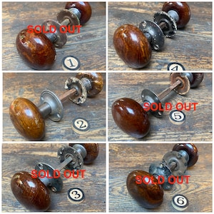 Antique Victorian Bennington Door Knobs with Rosettes, Brown Mineral Swirls