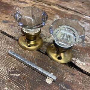 Glass Door Knobs with Rosettes, Antique Victorian, 8 facet, Brass