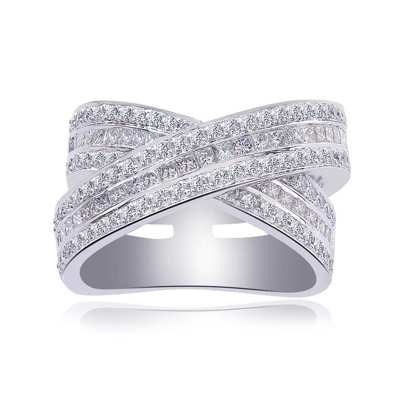 2 Carat Princess & Round Cut Criss Cross Diamond Anniversary Ring 18K White Gold image 1