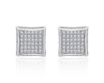 Sterling Silver White Cubic Zirconia Square Micropave Stud Earrings