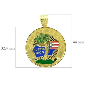 May include: Gold-tone pendant featuring a palm tree and the words "Puerto Rico" in a circle. The pendant is 1.26 inches in diameter.