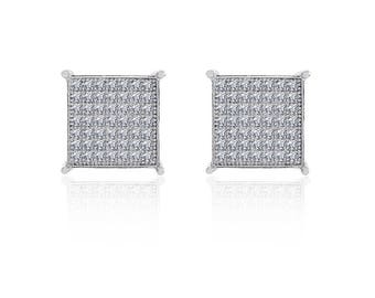 Sterling Silver White Cubic Zirconia Square Micropave Stud Earrings