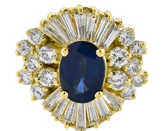 2.50 Carat Diamond 1.25 Carat Blue Ceylon Sapphire and Prong Set Ring 18K Yellow Gold