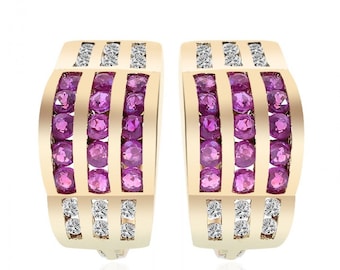 0.90 Carat Ruby & Diamond Hoop Huggie Earrings 14K Yellow Gold