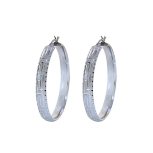 Greek Key Diamond Cut Hoop Earrings 14K White Gold