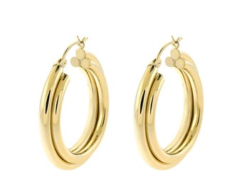 14K Yellow Gold Three Rings Dangle Hoop Earrings 5.9gram