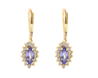 0.45 Carat Tanzanite and 0.25 Carat Diamond Leverback Vintage Earrings 14K Yellow Gold