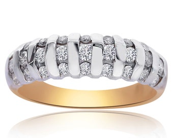 May include: A gold and white diamond wedding band with a unique, textured design. The band is set with small diamonds that create a sparkling effect.