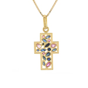 1.25 Ct. tw. Blue & Pink Sapphire Cross Pendant 18K Yellow Gold