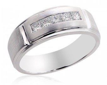 0.70 Carat Mens Princess Cut Diamond Wedding Band 14K White Gold