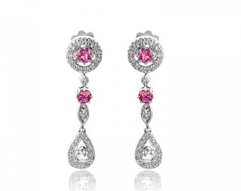 1.30 Carat Rose Cut Diamond & Pink Tourmaline Antique Style Drop Earrings 14K White Gold