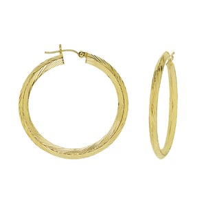 14K Yellow Gold Diamond Cut Round Hoop Earrings