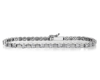 May include: A silver tennis bracelet with round diamonds set in a square shape.