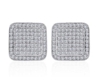 Sterling Silver White Cubic Zirconia Square Micropave Stud Earrings