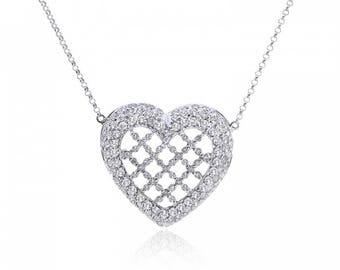 2.15 Carat Pavé Round Diamond Filigree Heart Necklace 18K White Gold