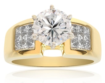 May include: A gold engagement ring with a large round center diamond and smaller square diamonds on the band.