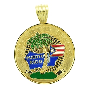Puerto Rico Island Palm Tree Multicolor Enamel Medal Pendant 14K YG